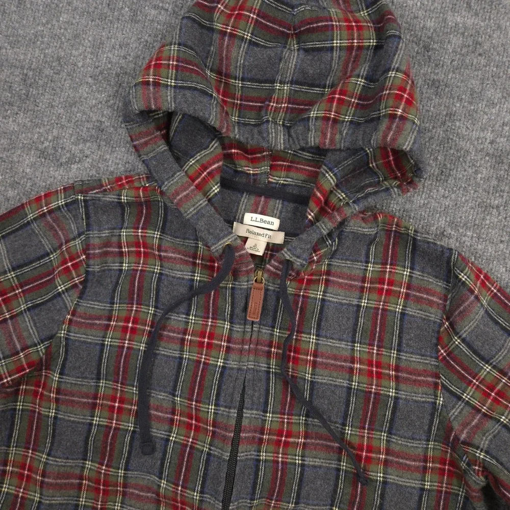 LL Bean Flannel Hoodie Womens Small Gray Red Scotch Plaid Full Zip Relaxed Fit